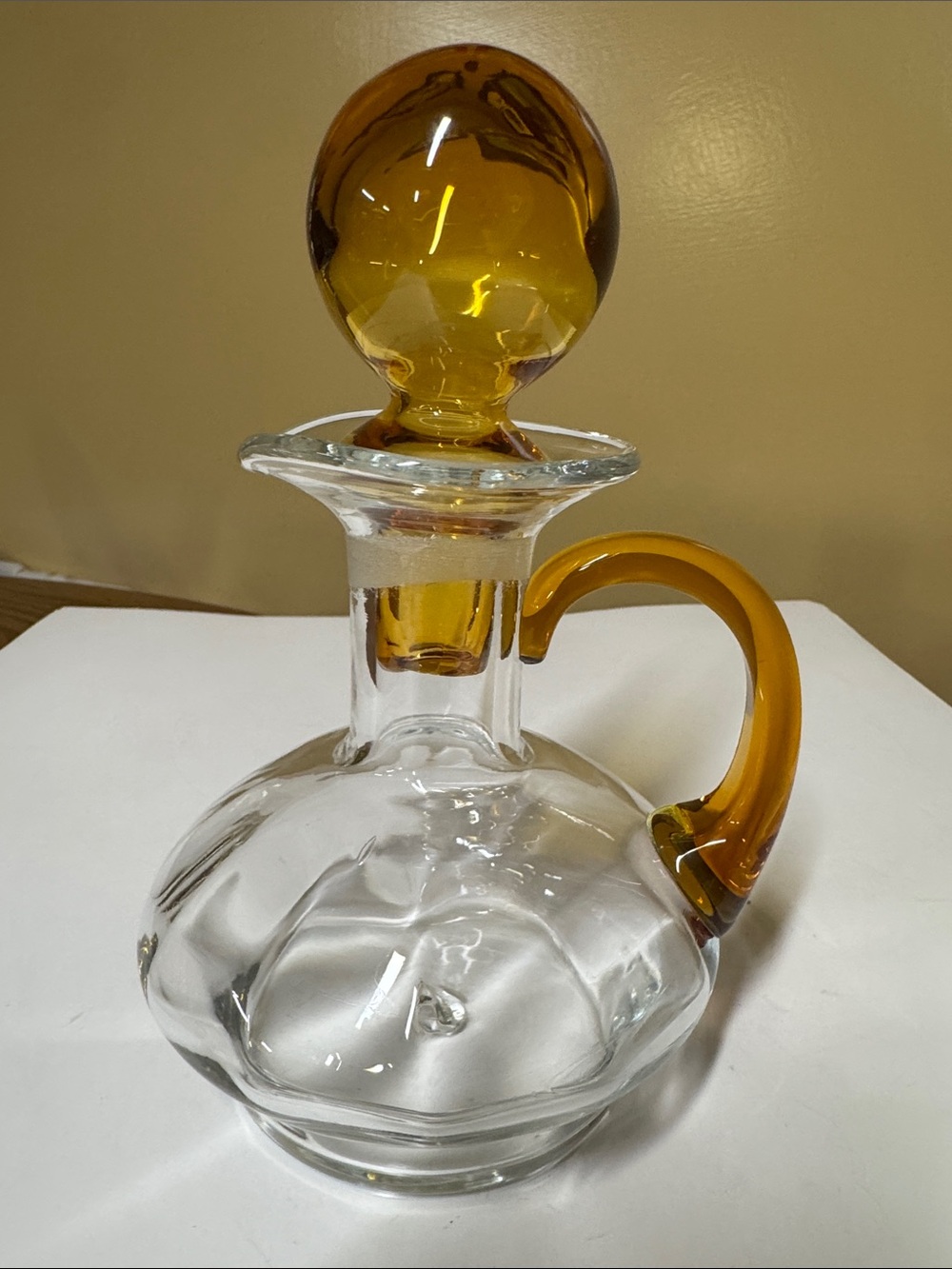 Rainbow Glass Co Decanter: Optic Paneled Barware with Amber Handle 7.75”